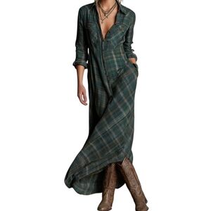Modesees Womens Size Medium Green Plaid Lapel Single Breasted Shirt Maxi Dress